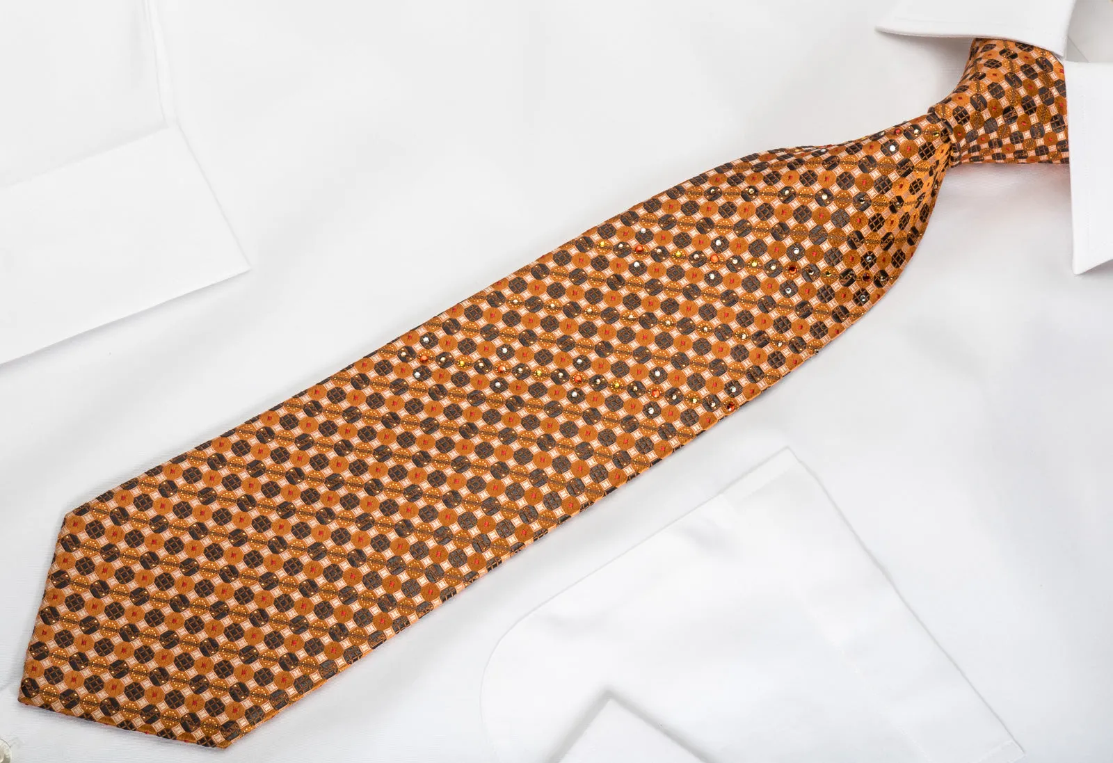 Paco Rabanne Rhinestone Silk Tie Orange Black Trellis With Silver Sparkles