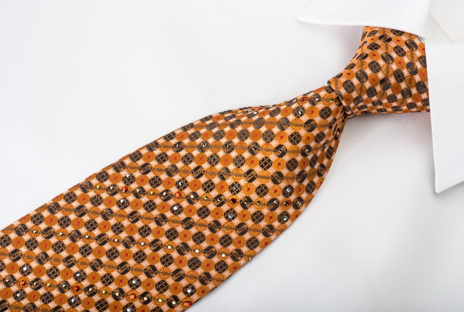 Paco Rabanne Rhinestone Silk Tie Orange Black Trellis With Silver Sparkles