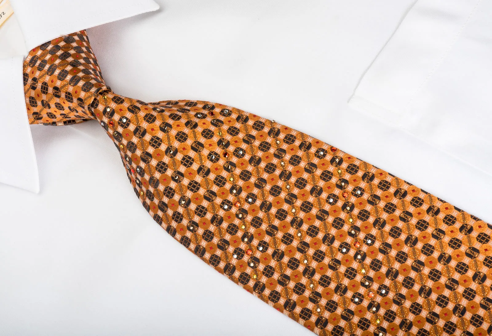 Paco Rabanne Rhinestone Silk Tie Orange Black Trellis With Silver Sparkles