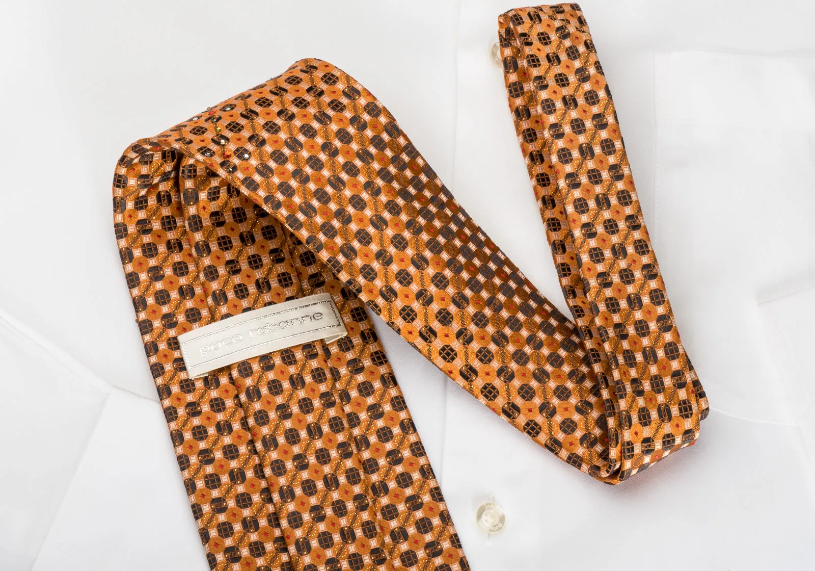 Paco Rabanne Rhinestone Silk Tie Orange Black Trellis With Silver Sparkles