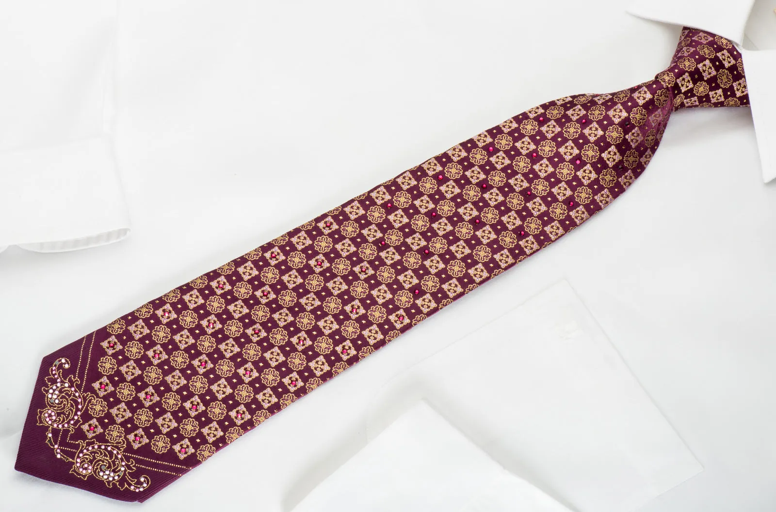 Perry Ellis Rhinestone Silk Necktie Flur de Lis On Purple With Gold Sparkles