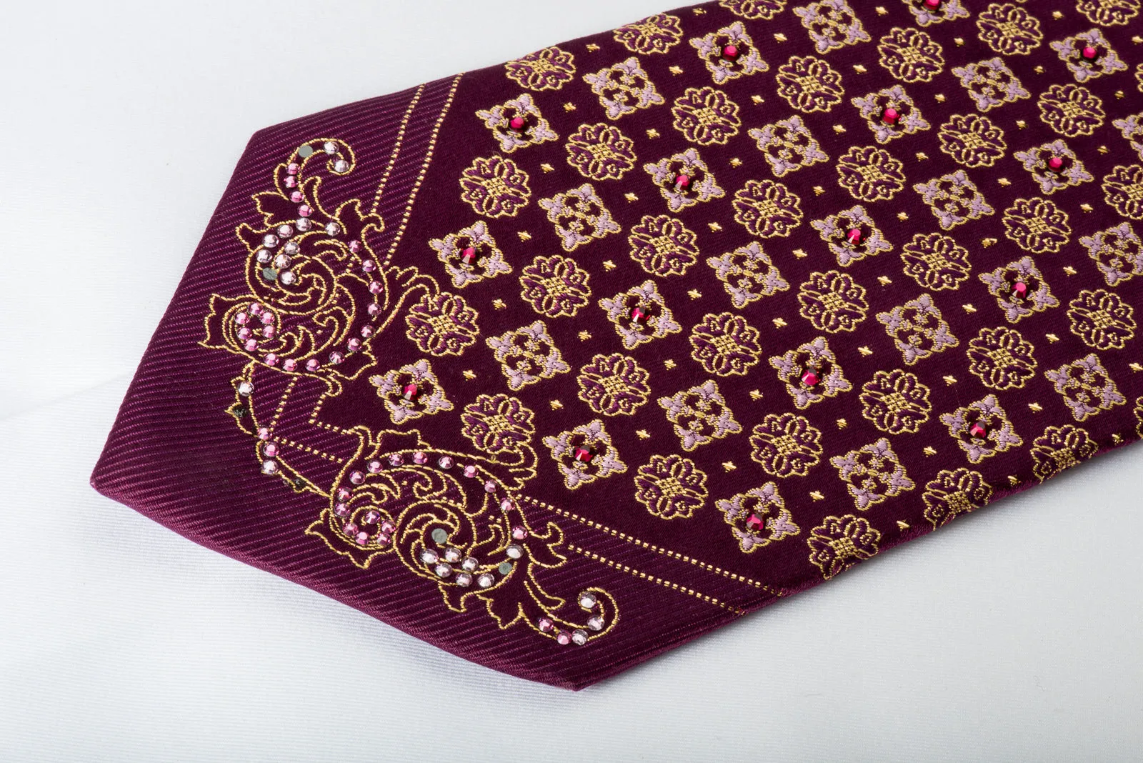 Perry Ellis Rhinestone Silk Necktie Flur de Lis On Purple With Gold Sparkles