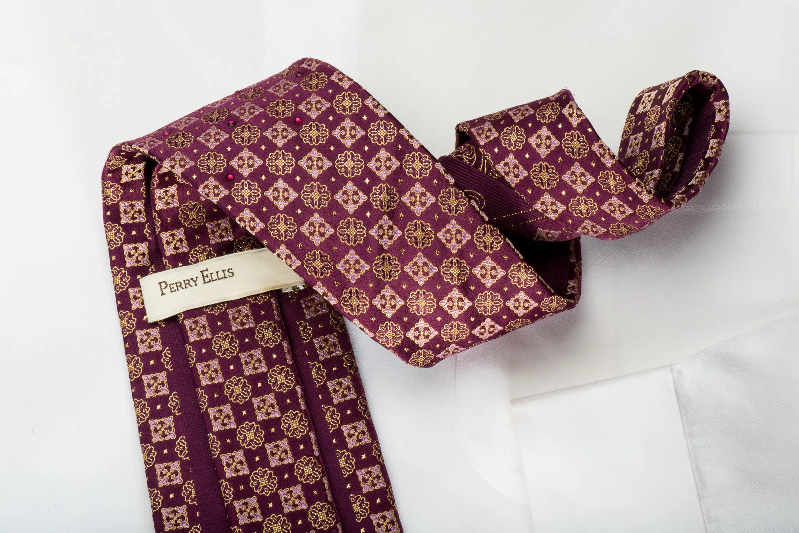 Perry Ellis Rhinestone Silk Necktie Flur de Lis On Purple With Gold Sparkles