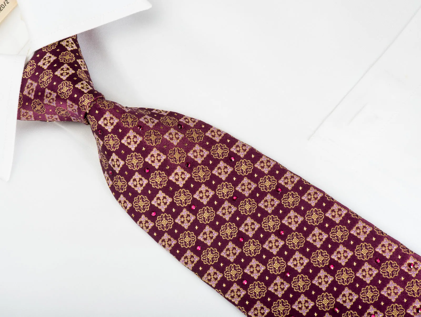 Perry Ellis Rhinestone Silk Necktie Flur de Lis On Purple With Gold Sparkles