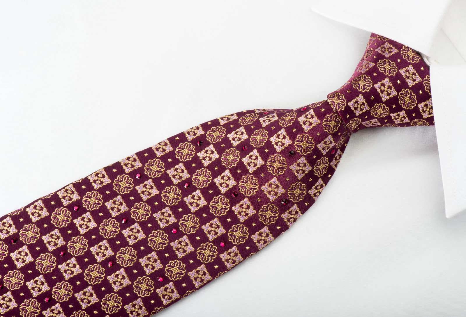 Perry Ellis Rhinestone Silk Necktie Flur de Lis On Purple With Gold Sparkles