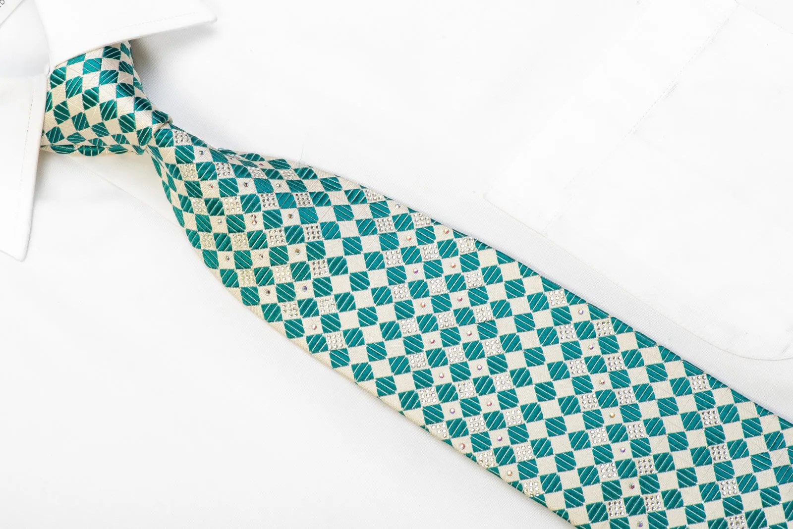 Pierre Cardin Silk Tie Teal White Checkered With Silver Sparkles