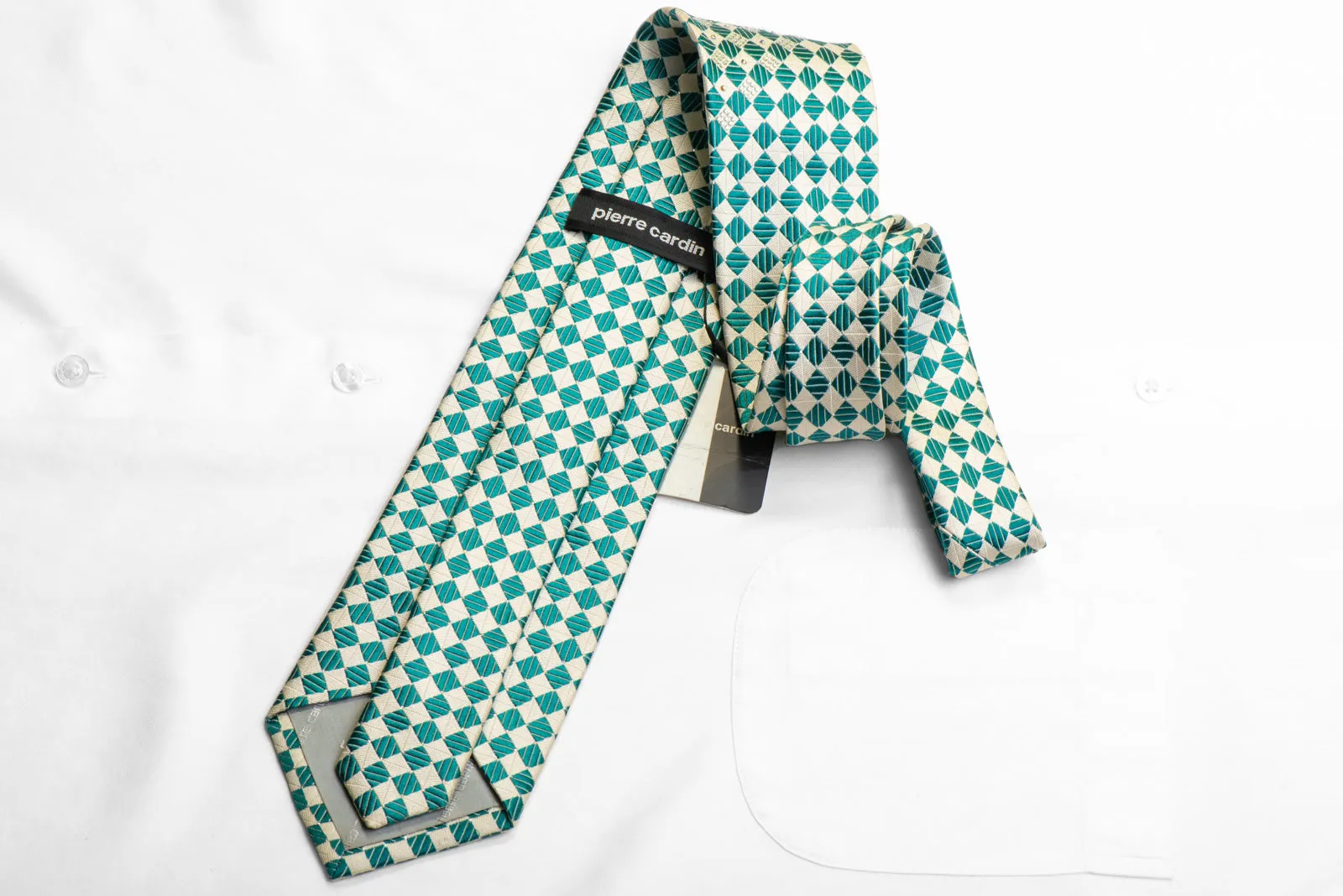 Pierre Cardin Silk Tie Teal White Checkered With Silver Sparkles