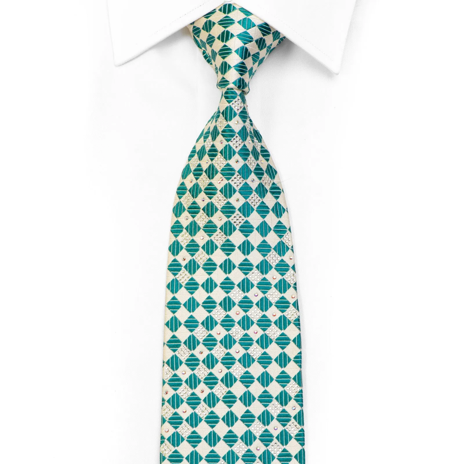 Pierre Cardin Silk Tie Teal White Checkered With Silver Sparkles