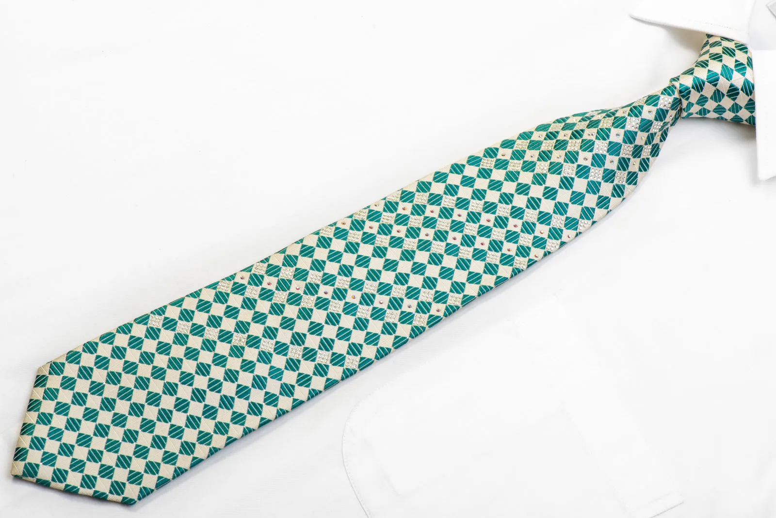 Pierre Cardin Silk Tie Teal White Checkered With Silver Sparkles