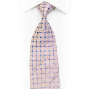 Pink Geometric On Blue Rhinestone Silk Necktie With Sparkles