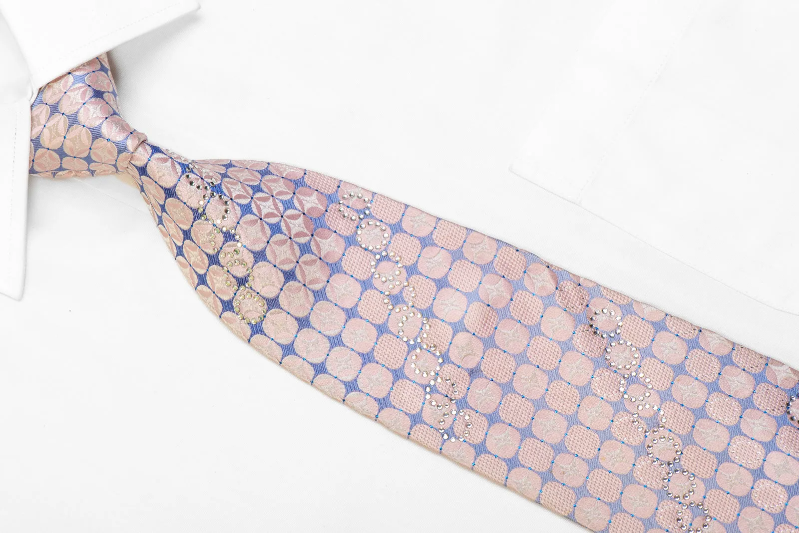 Pink Geometric On Blue Rhinestone Silk Necktie With Sparkles