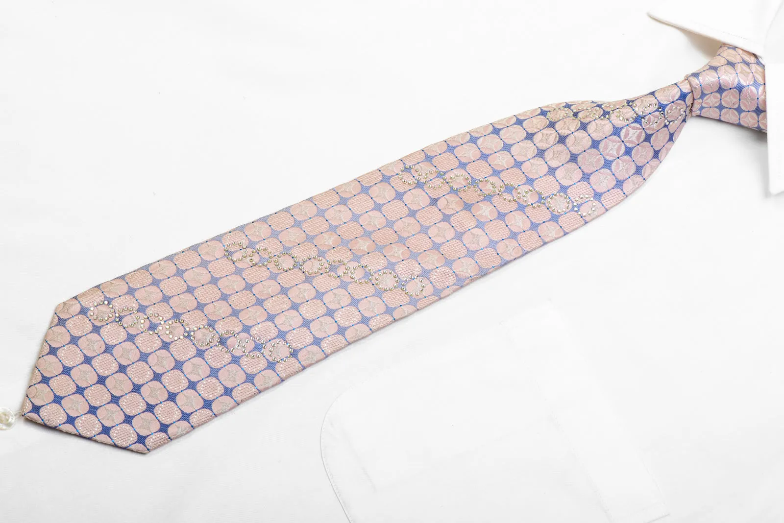 Pink Geometric On Blue Rhinestone Silk Necktie With Sparkles