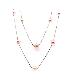 Pink Pearl Tin Cup Long Necklace