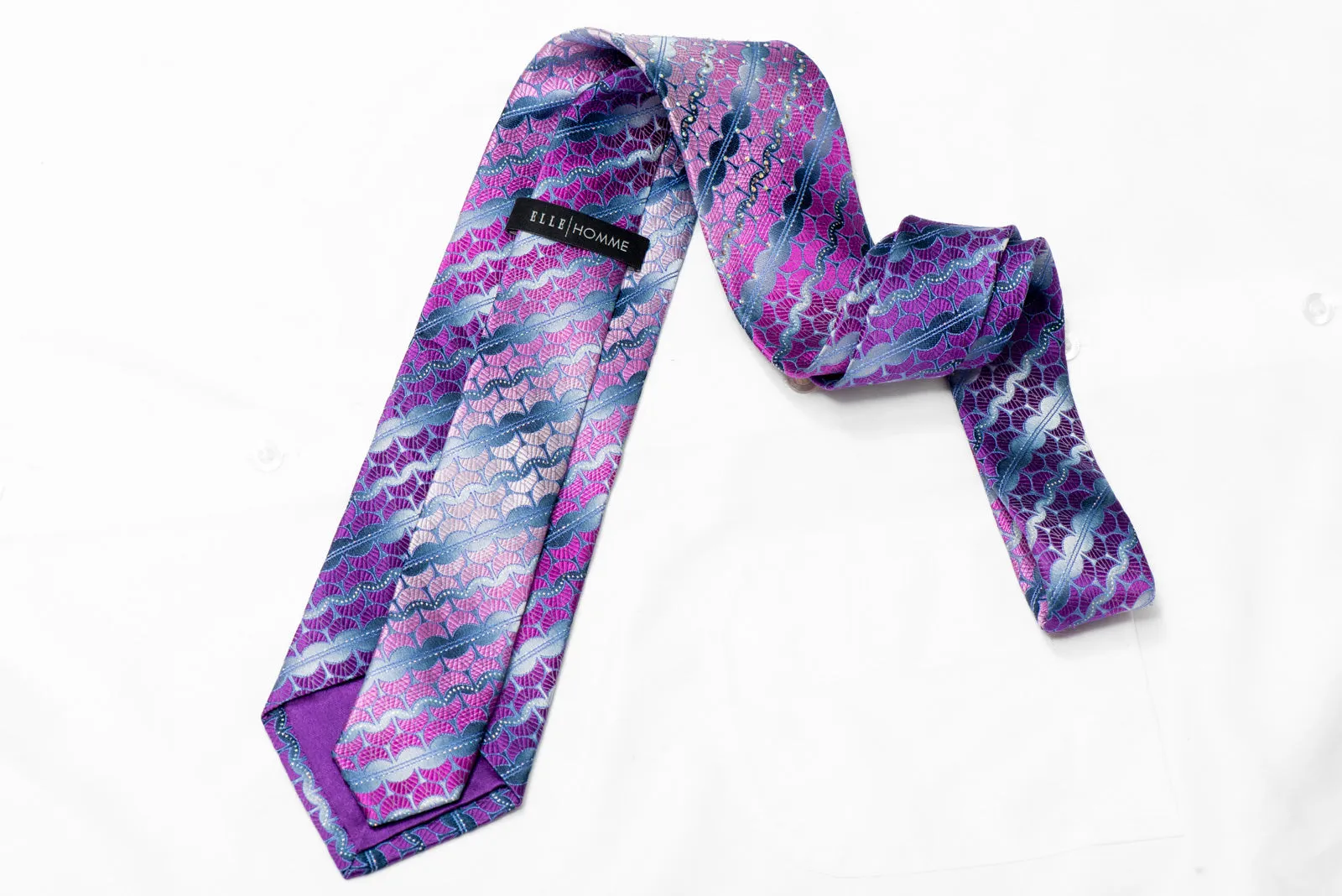 Pink Purple Geometric On Silver Rhinestone Silk Necktie With Sparkles