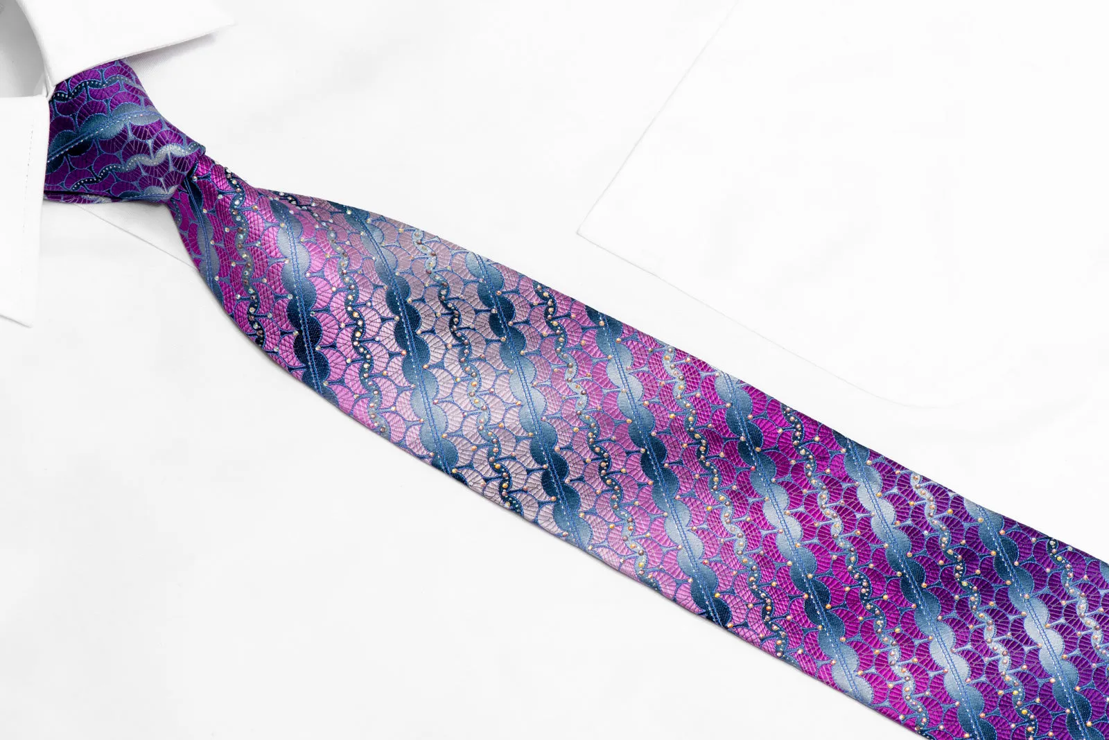 Pink Purple Geometric On Silver Rhinestone Silk Necktie With Sparkles