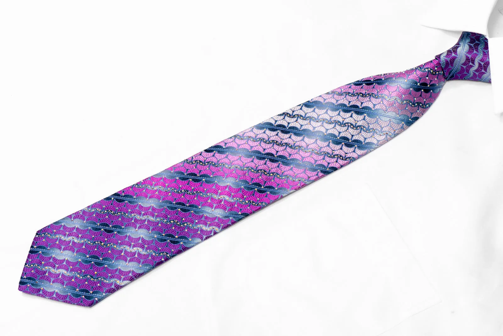 Pink Purple Geometric On Silver Rhinestone Silk Necktie With Sparkles