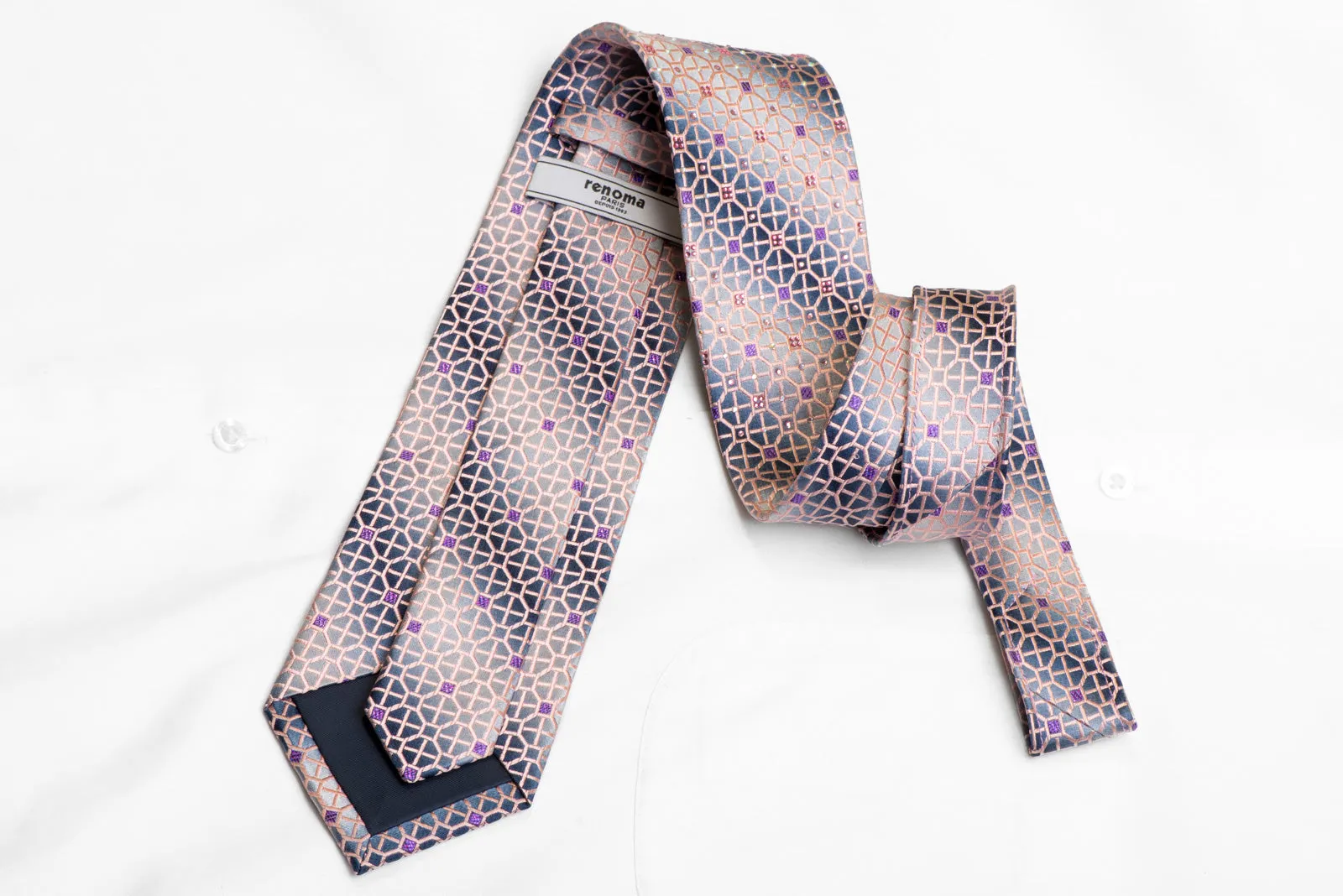 Pink Trellis On Silver Rhinestone Silk Necktie With Purple Sparkles