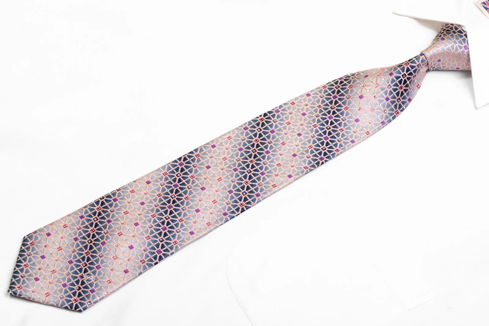 Pink Trellis On Silver Rhinestone Silk Necktie With Purple Sparkles