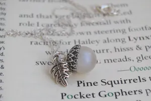 Rainbow Moonstone and Silver Acorn Necklace | Cute Nature Acorn Charm Necklace | Fall Acorn Necklace | Woodland Gemstone Acorn | Nature Jewelry