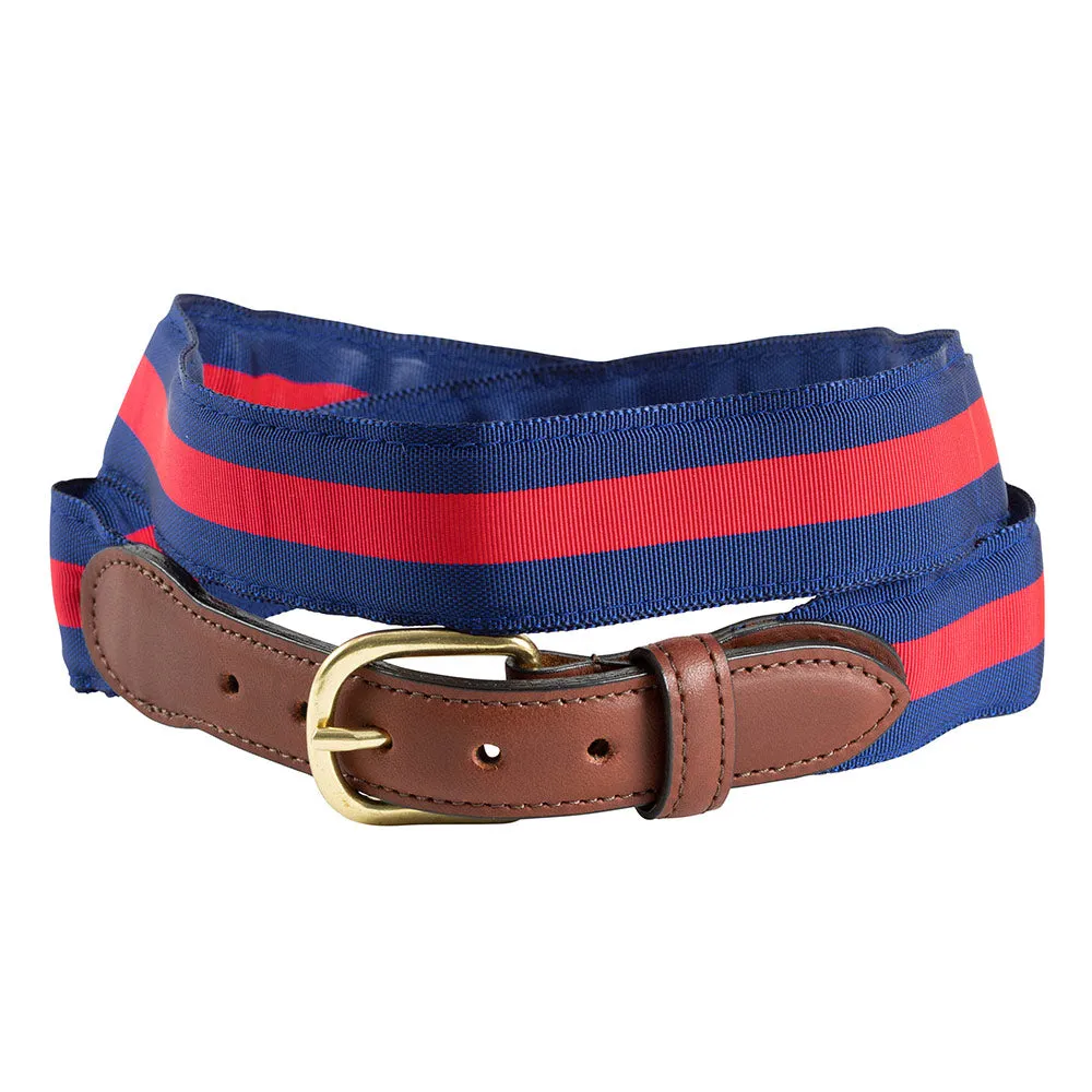 Red on Navy Grosgrain Ribbon Leather Tab Belt