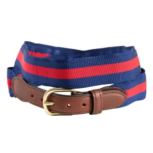 Red on Navy Grosgrain Ribbon Leather Tab Belt