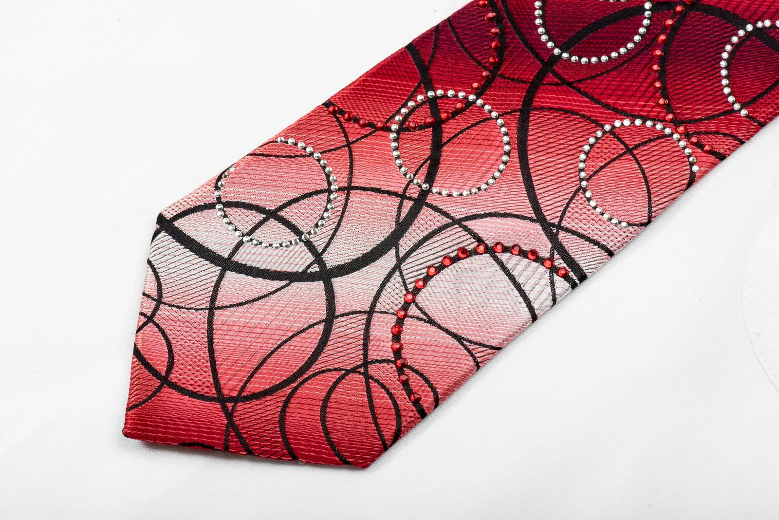 Remizio Men's Crystal Silk Necktie Black Circles On Red Silver Sparkling With Rhinestones