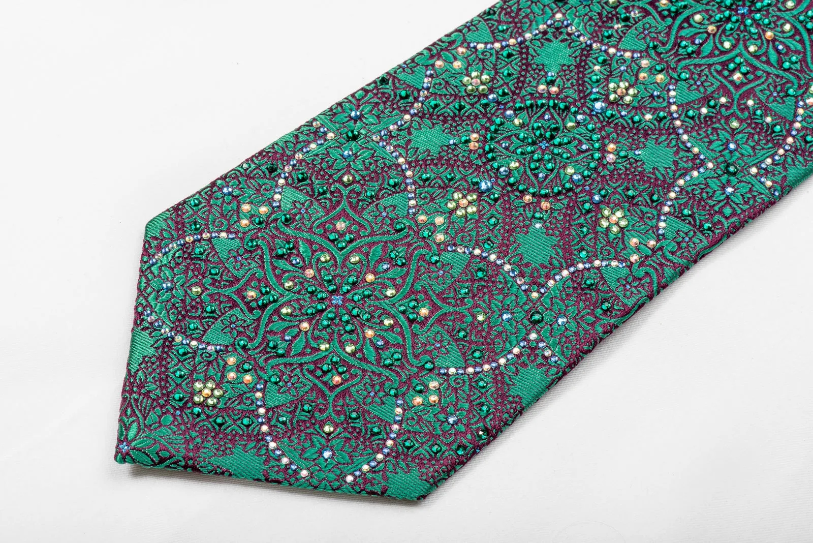 Renoma Men's Crystal Silk Tie Turquoise Purple Arabesque Sparkling With Rhinestones