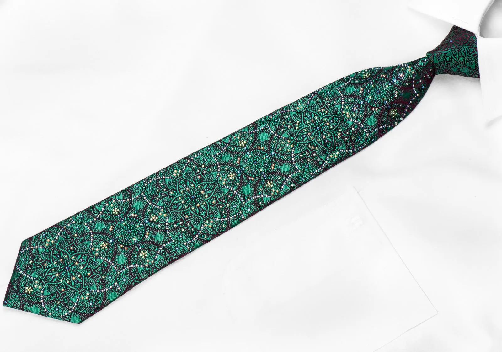 Renoma Men's Crystal Silk Tie Turquoise Purple Arabesque Sparkling With Rhinestones