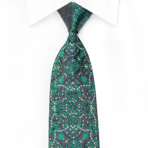 Renoma Men's Crystal Silk Tie Turquoise Purple Arabesque Sparkling With Rhinestones