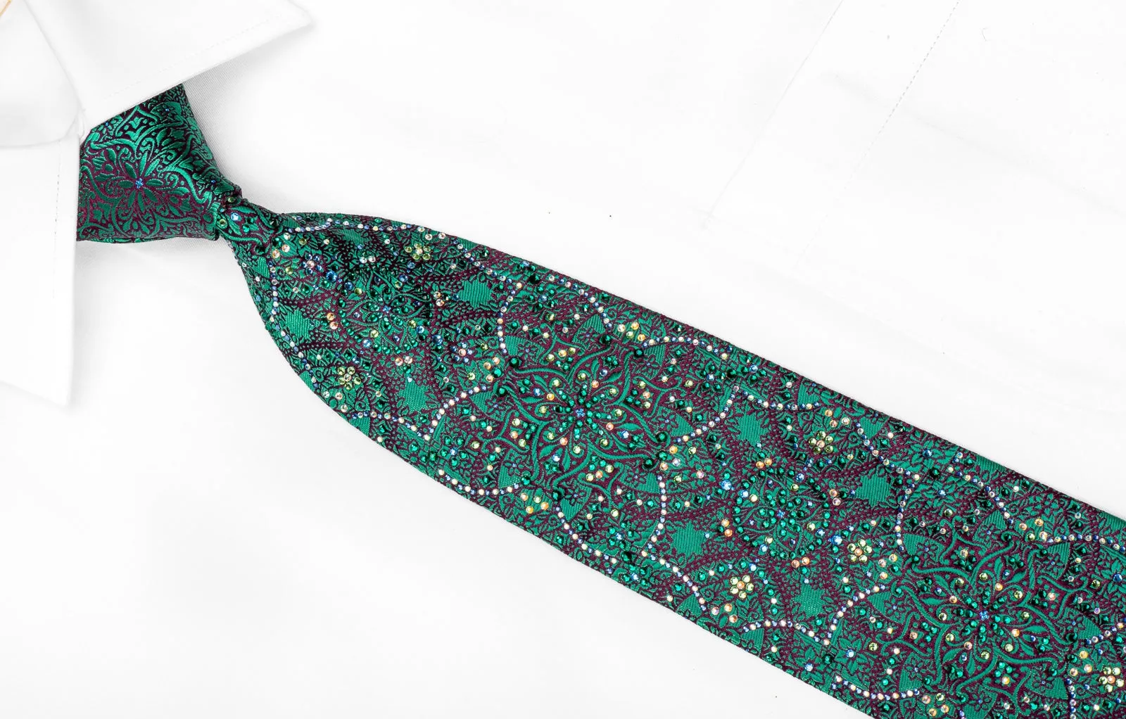 Renoma Men's Crystal Silk Tie Turquoise Purple Arabesque Sparkling With Rhinestones