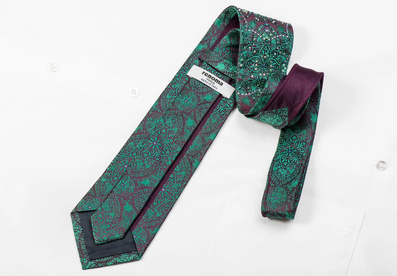 Renoma Men's Crystal Silk Tie Turquoise Purple Arabesque Sparkling With Rhinestones