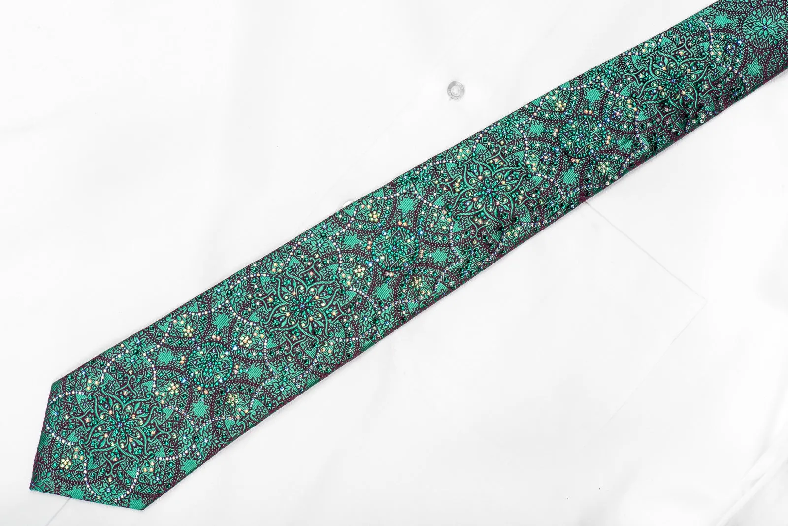 Renoma Men's Crystal Silk Tie Turquoise Purple Arabesque Sparkling With Rhinestones