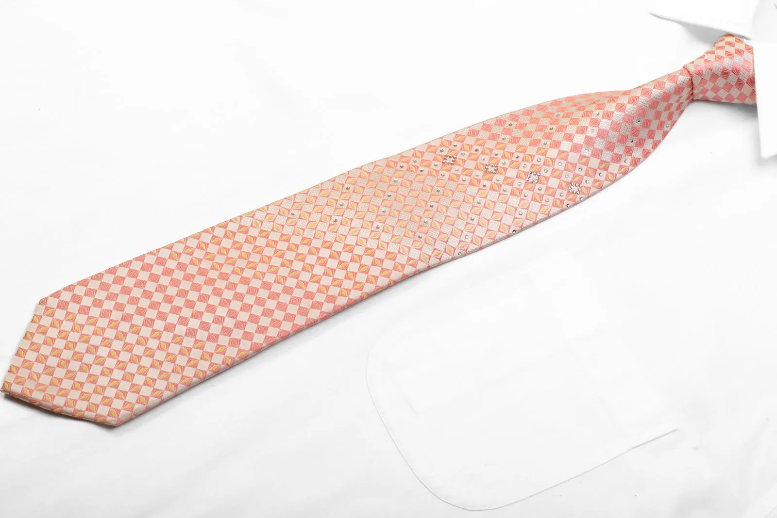 Renoma Rhinestone Silk Necktie Pink Checkered With Sparkles