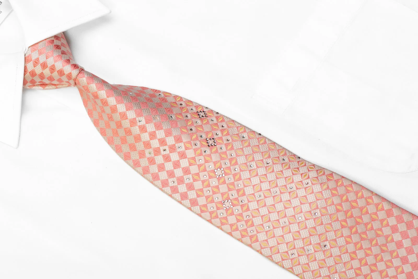 Renoma Rhinestone Silk Necktie Pink Checkered With Sparkles