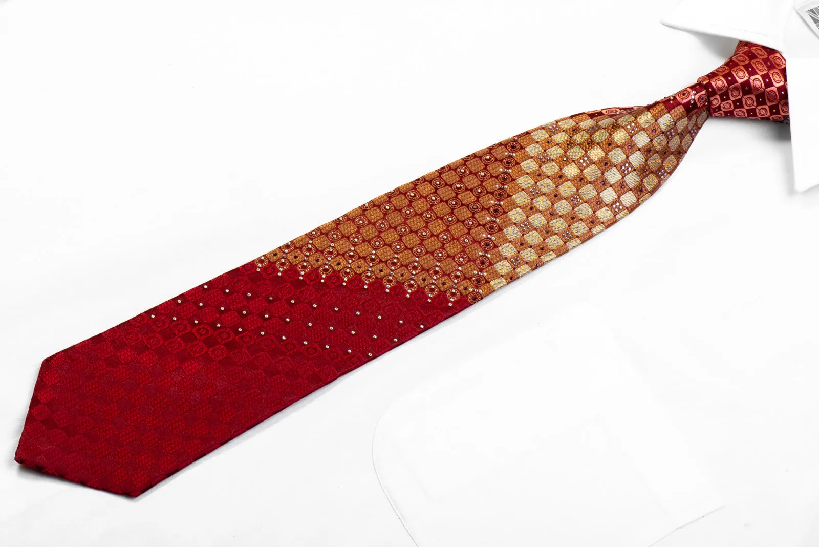 Rhinestone Silk Necktie Gold Checkered On Burgundy With Sparkles