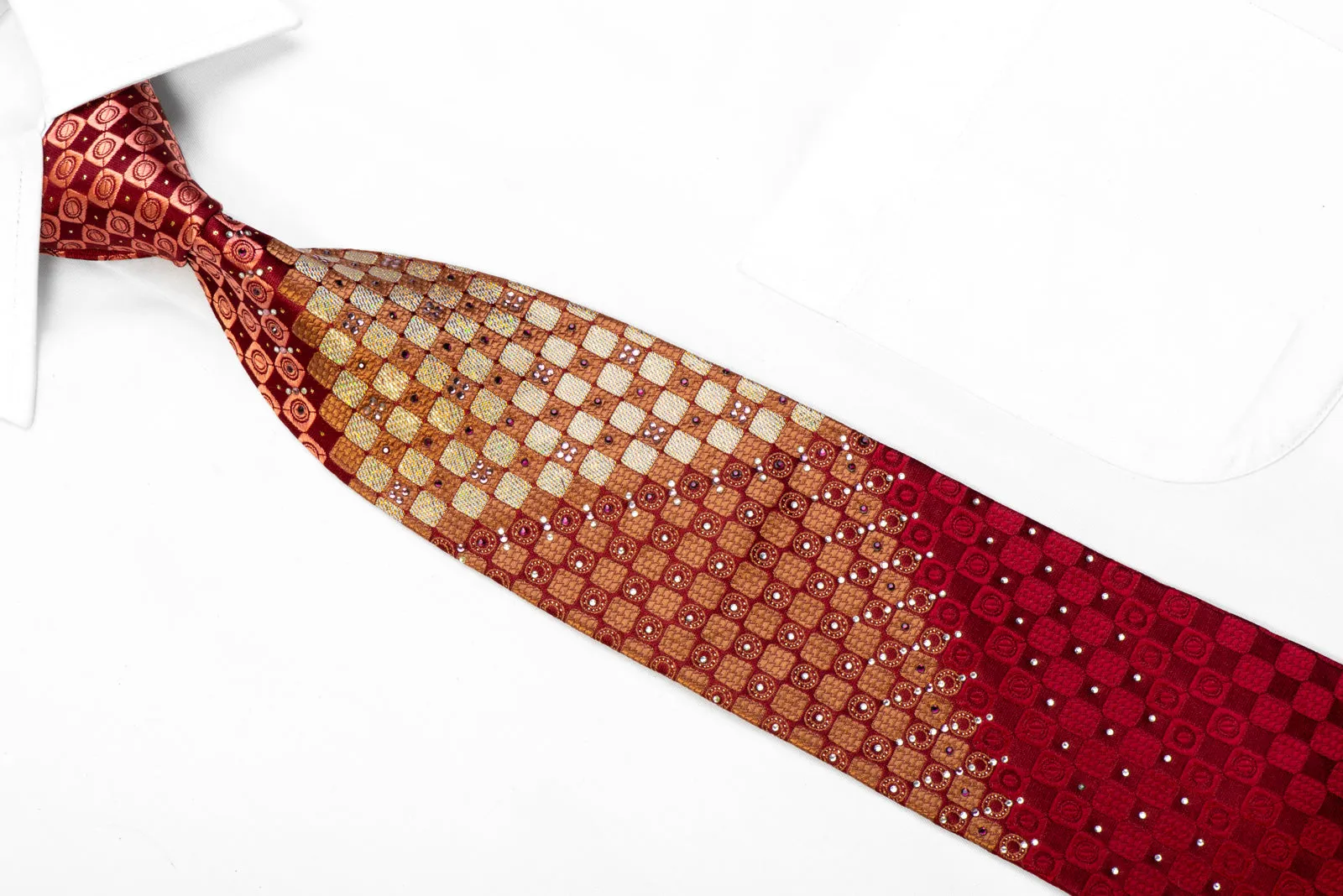 Rhinestone Silk Necktie Gold Checkered On Burgundy With Sparkles