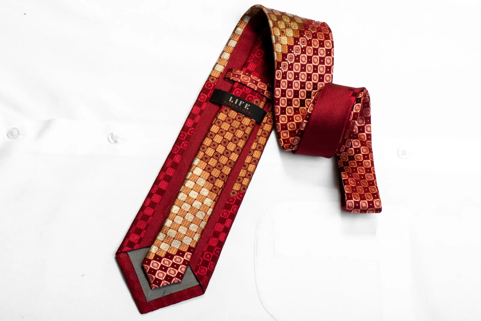 Rhinestone Silk Necktie Gold Checkered On Burgundy With Sparkles