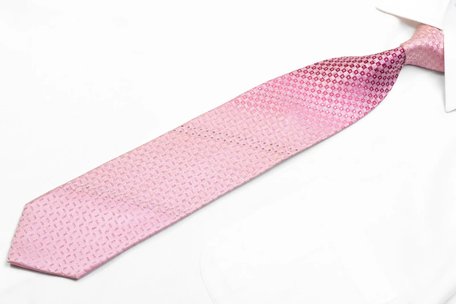 Rhinestone Silk Necktie Pink Checkered With Silver Sparkles