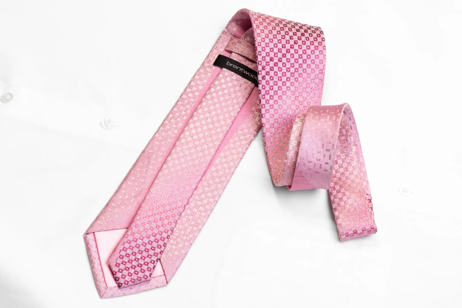 Rhinestone Silk Necktie Pink Checkered With Silver Sparkles