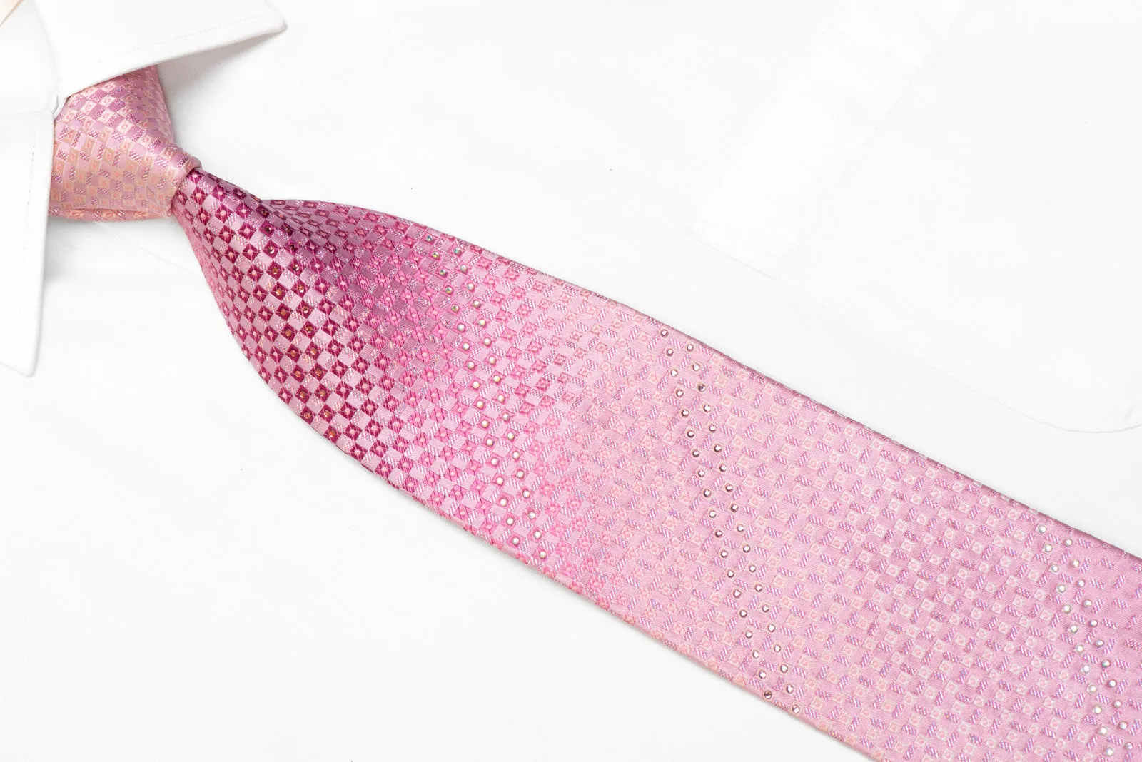 Rhinestone Silk Necktie Pink Checkered With Silver Sparkles