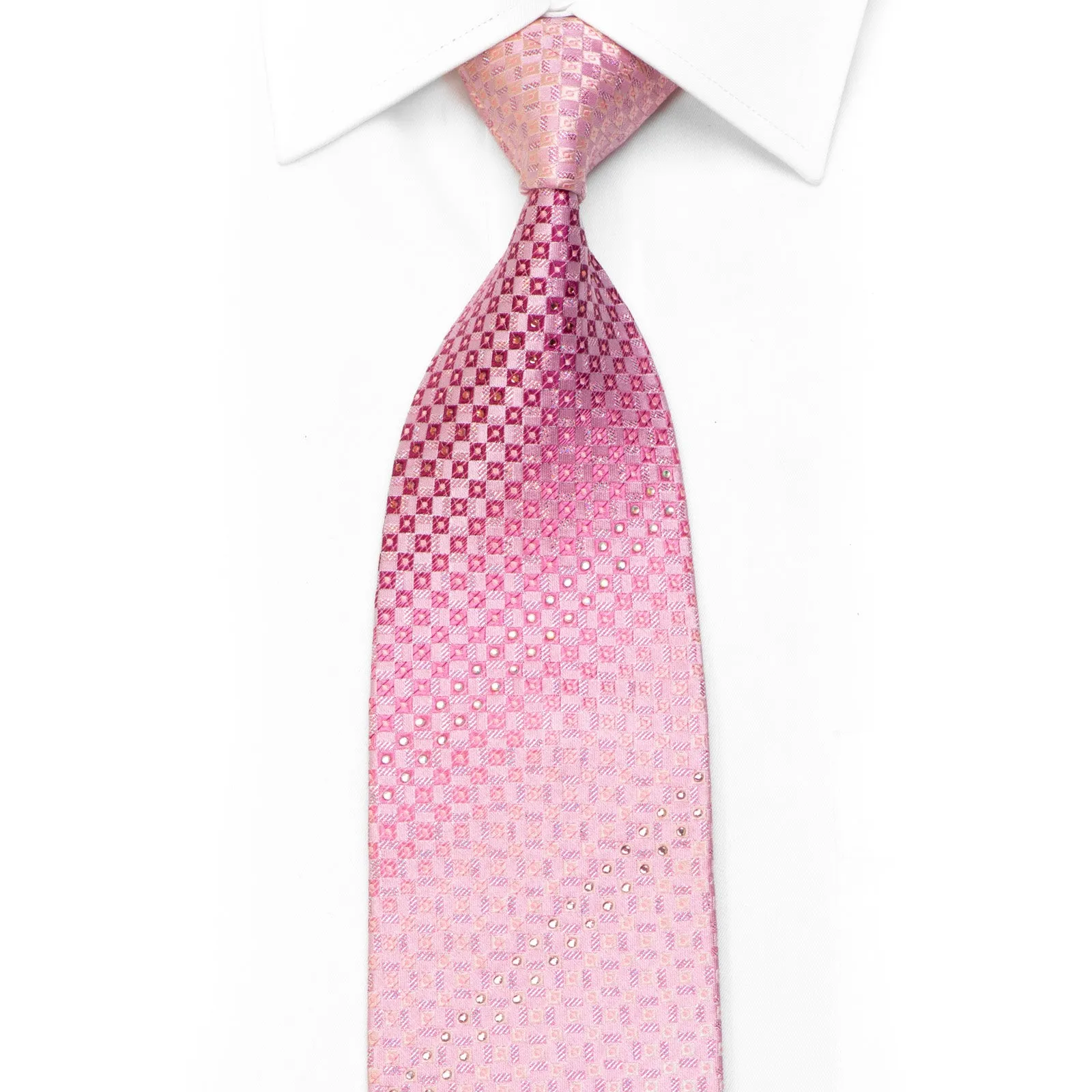 Rhinestone Silk Necktie Pink Checkered With Silver Sparkles