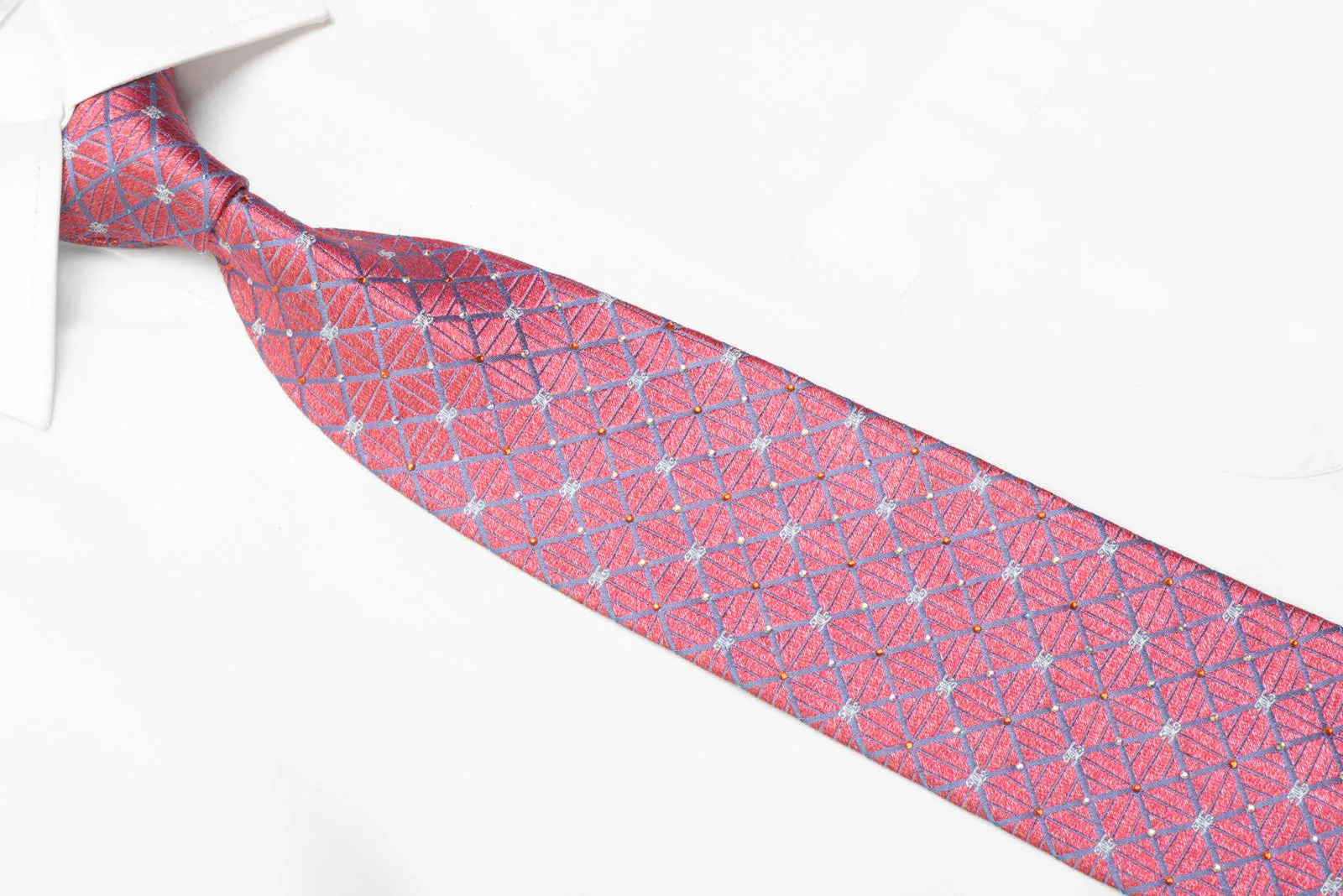 Rhinestone Silk Necktie Pink Geometric On Mauve With Sparkles