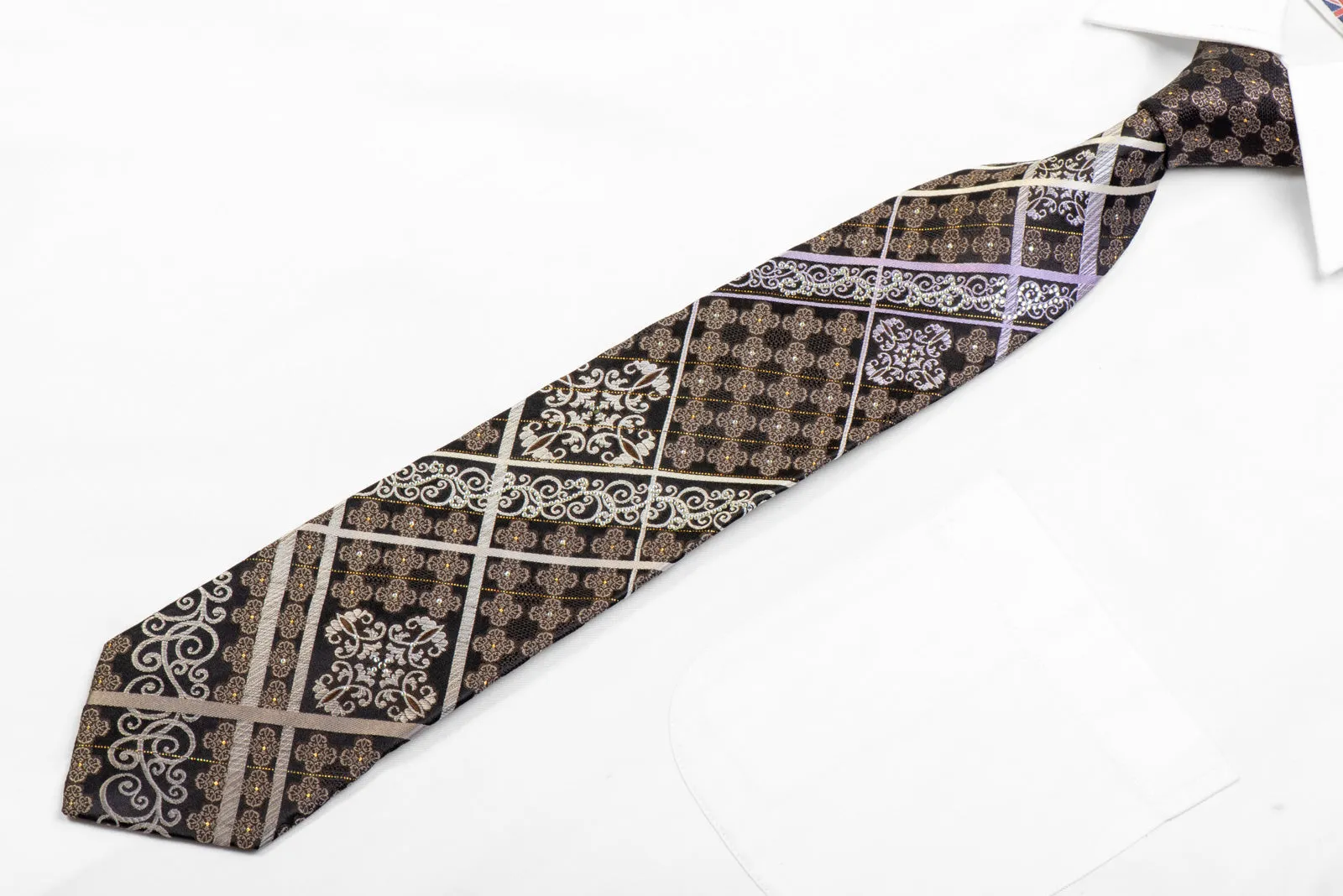 Rhinestone Silk Necktie Silver Brown Cartouche On Black With Gold Sparkles