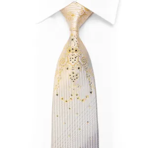 Rhinestone Silk Tie Gold Damask On Silver With Sparkles