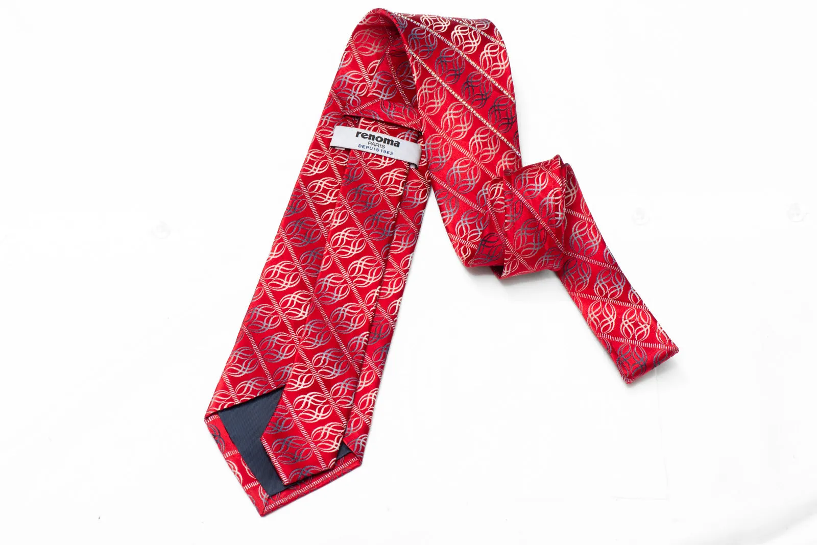 Rhinestone Striped Design On Red Mens Silk Necktie With Silver Sparkles