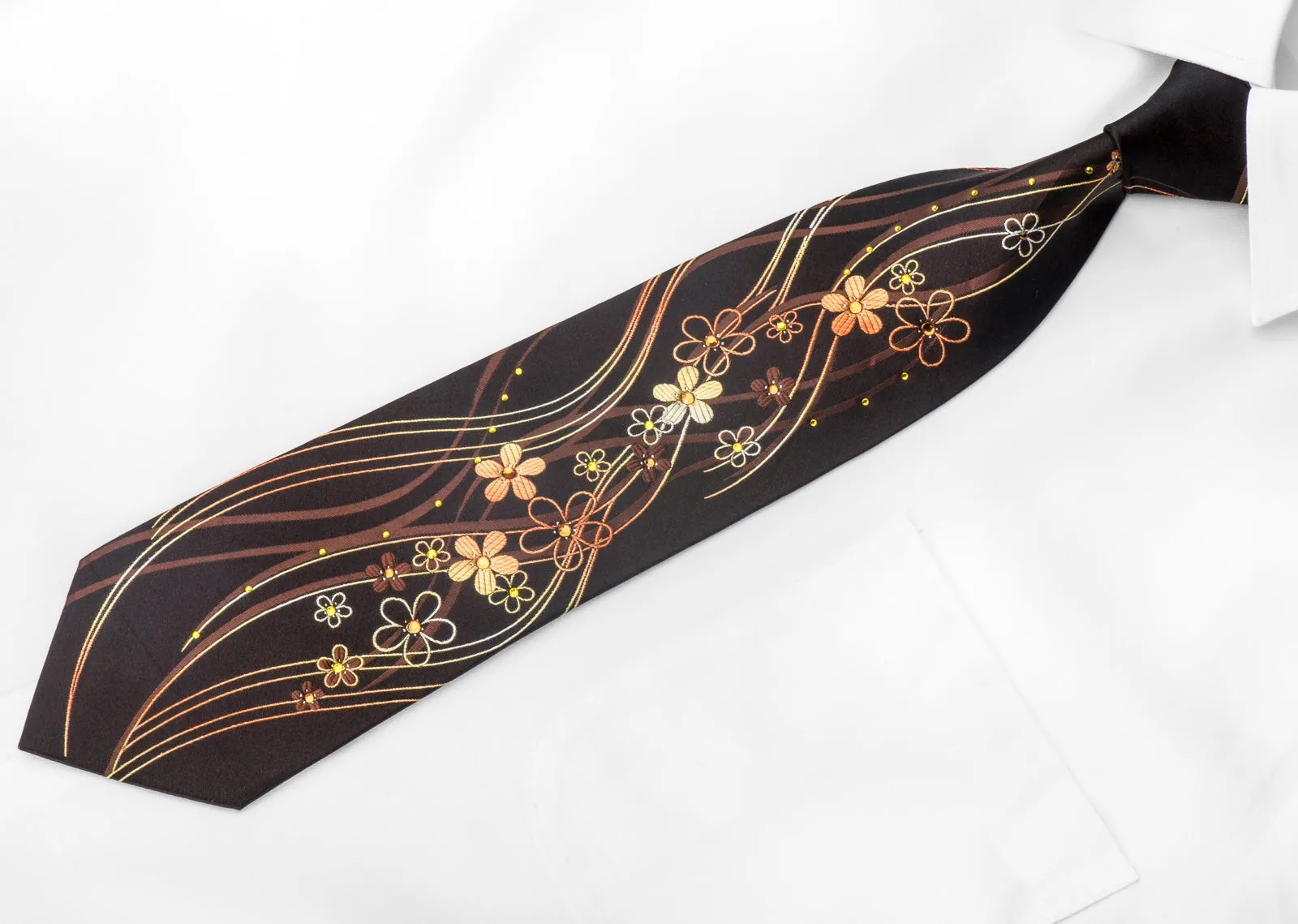 Roberta di Camerino Mens Crystal Silk Tie Floral Waves On Dark Brown With Sparkles