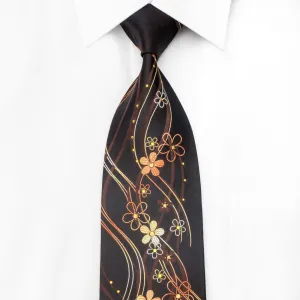 Roberta di Camerino Mens Crystal Silk Tie Floral Waves On Dark Brown With Sparkles