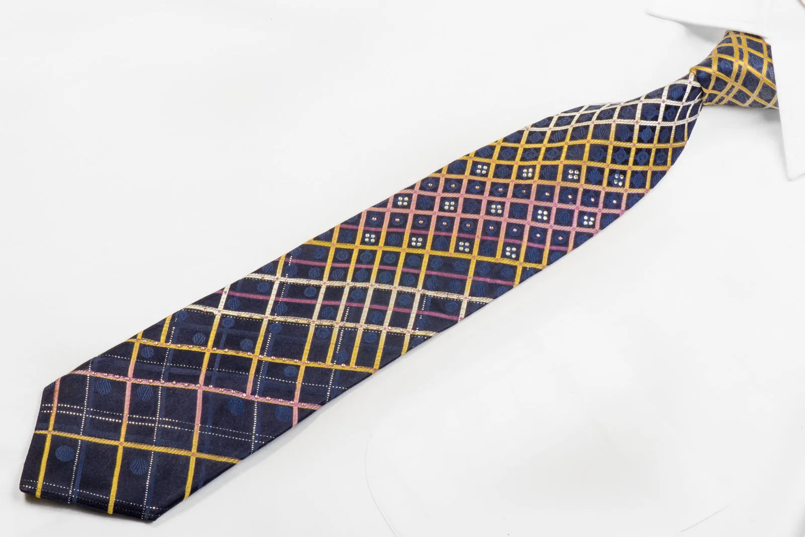 Rogers Dail Rhinestone Necktie Yellow Purple Striped On Navy With Sparkles