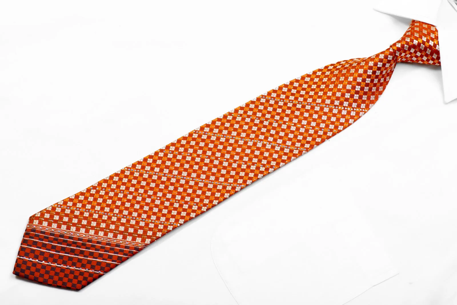 Roygen Rhinestone Necktie Orange Silver Checkered With Silver Sparkles