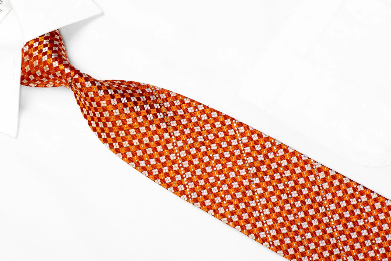 Roygen Rhinestone Necktie Orange Silver Checkered With Silver Sparkles